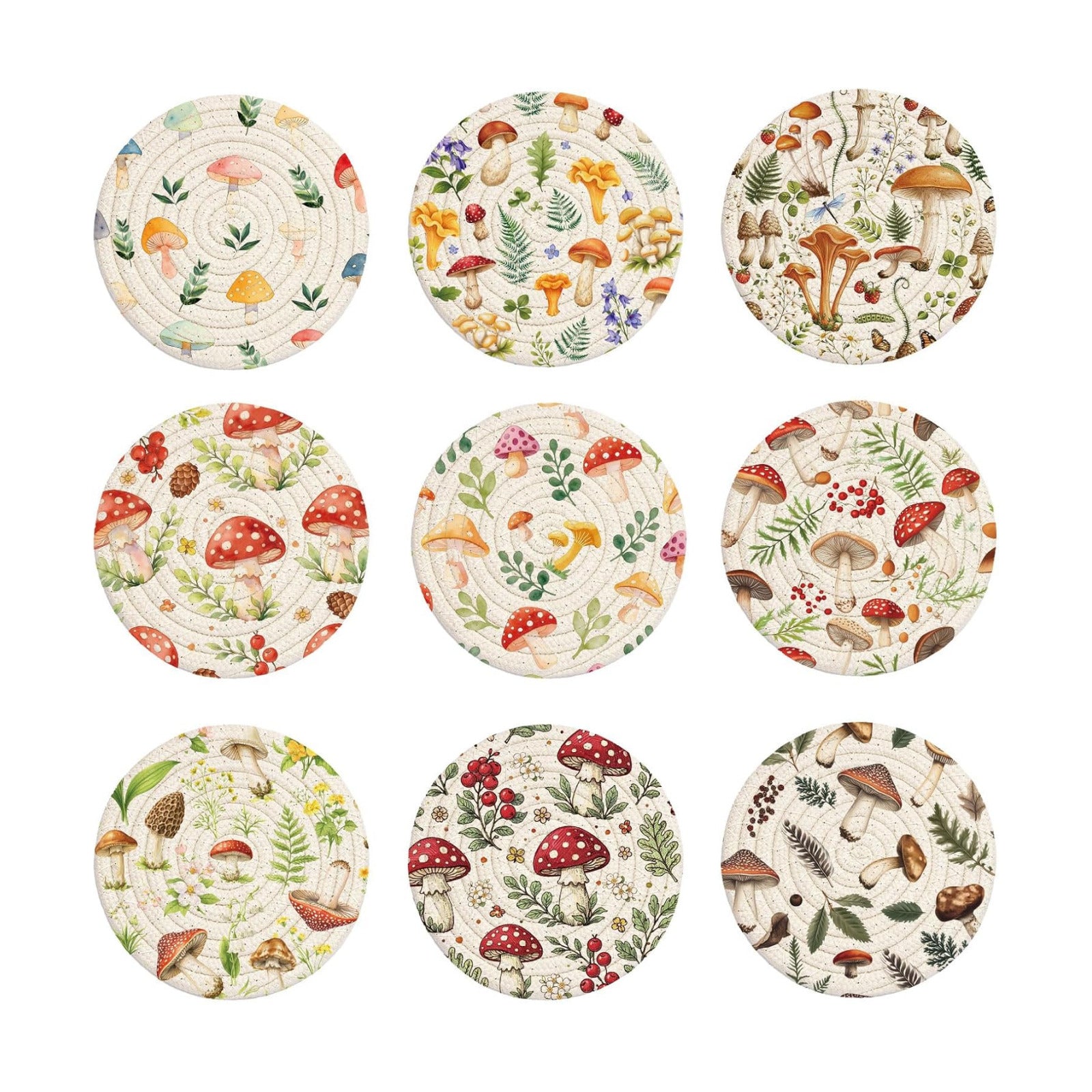 Cotton Woven Coaster / Leaves and Mushroom / 4.3 Inch / Set of 9