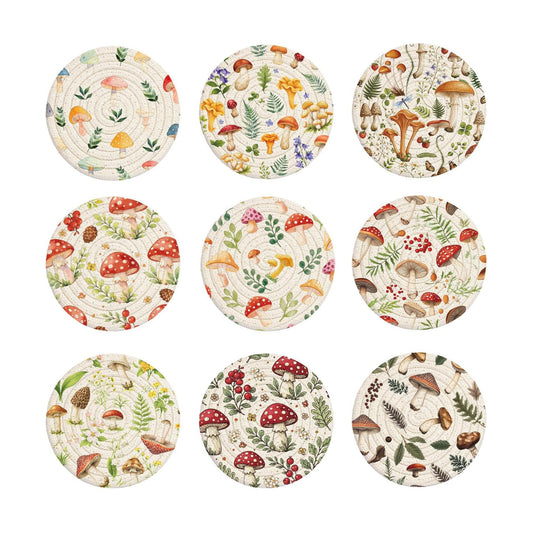 Cotton Woven Coaster / Leaves and Mushroom / 4.3 Inch / Set of 9