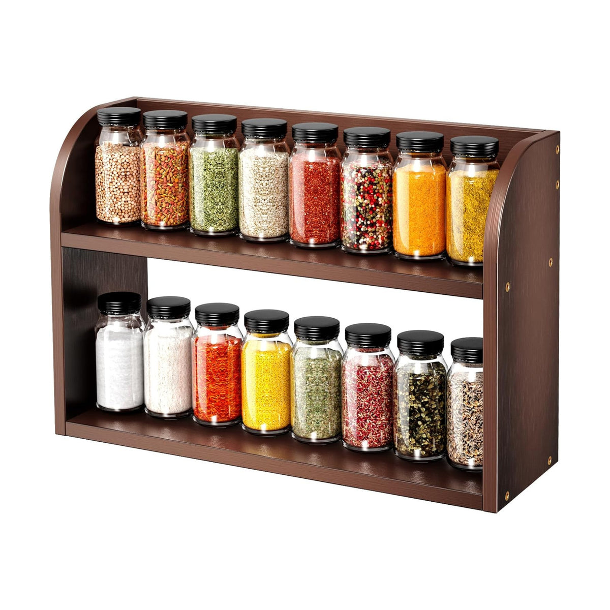 ROMGUAR CRAFT 2 Tier Bamboo Spice Rack, Countertop or Wall Mounting Wood Spice Jars Organizer Shelf for Kitche, Pantry
