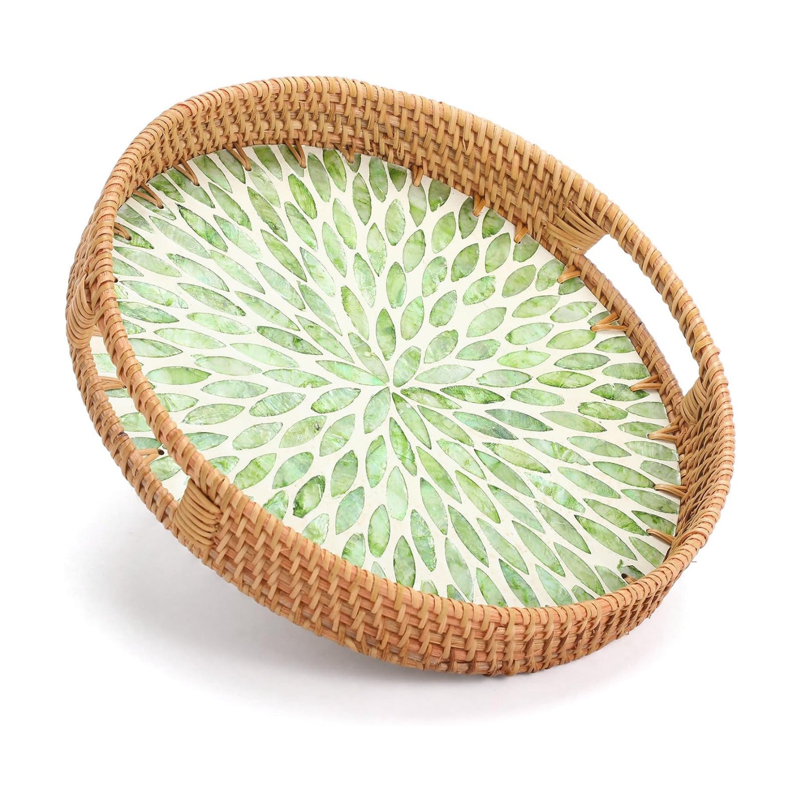 1 PC Round Rattan Tray / 11.8 / Green Leaf / 11.8 Inch
