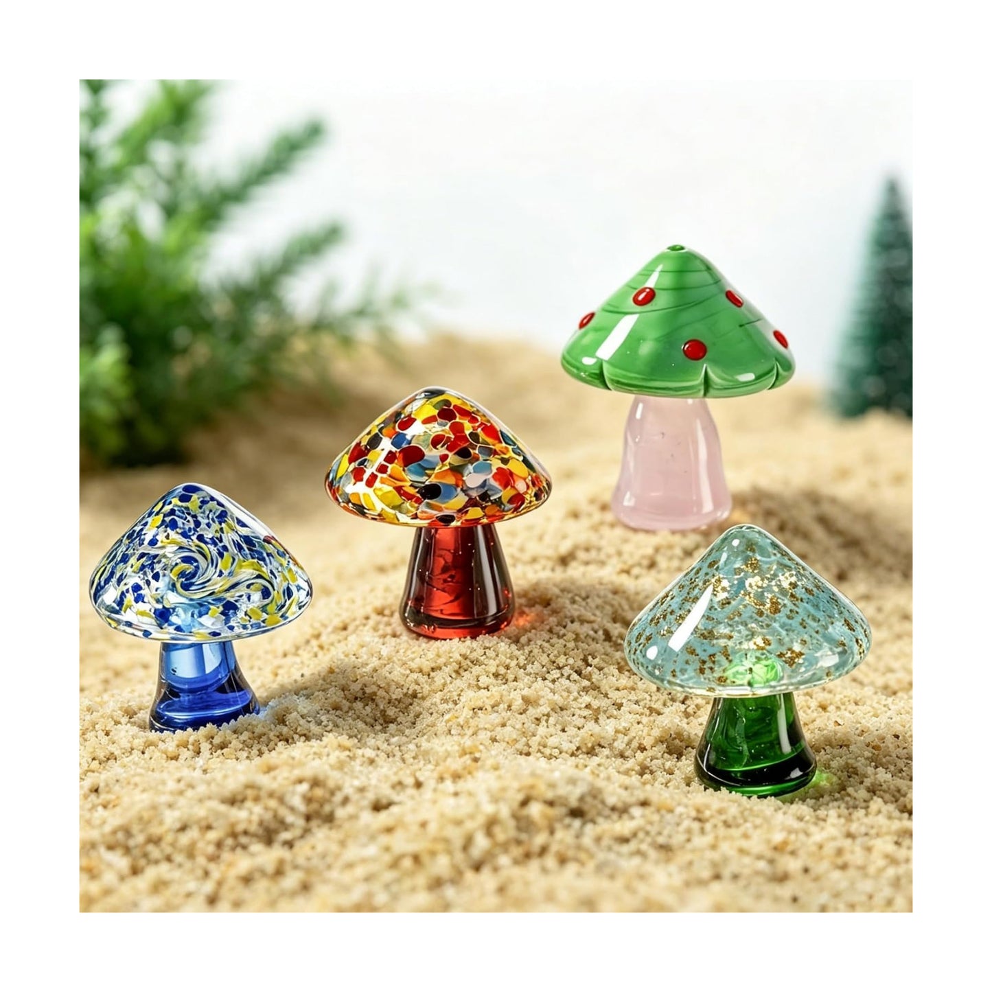 Blown Glass Mushrooms Figurines Miniatures Mushrooms for Fairy Garden / Style 3 / Set of 4