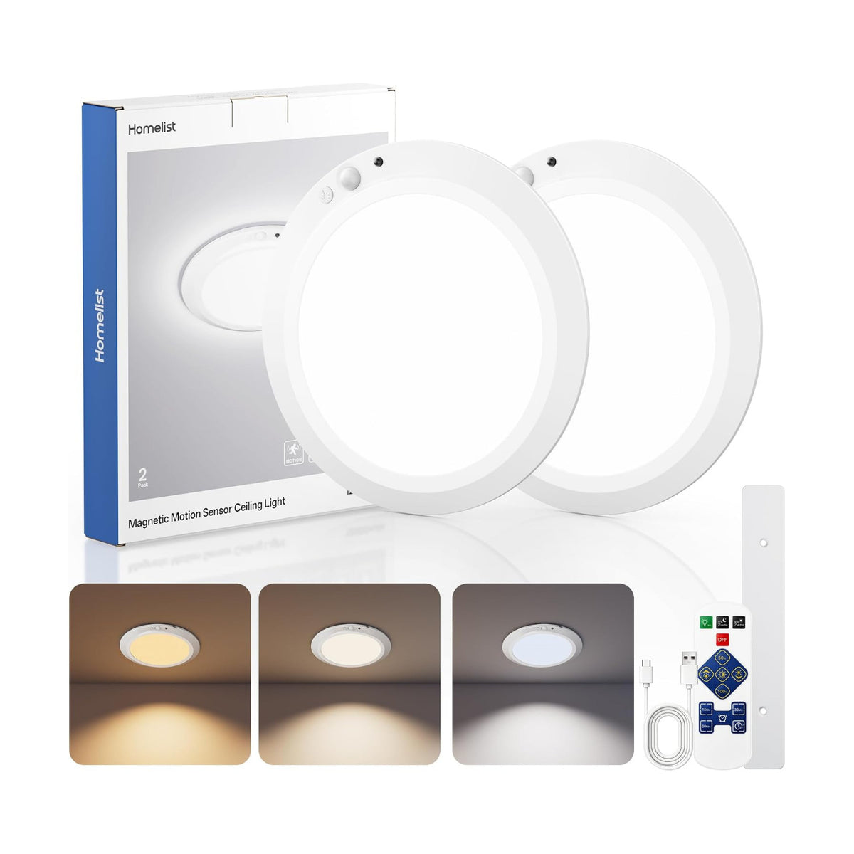 Homelist 12000mAh Rechargeable Magnetic Ceiling Light with Remote, 2 Pack | Shower Lights for Inside, Battery Operated
