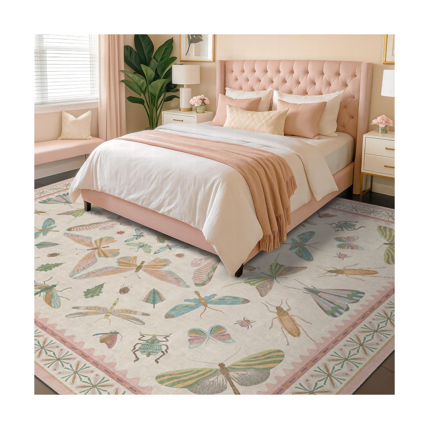 Hazo Haus 9x12 Pink Area Rug for Girls Bedroom, Washable Living Room & Dining Room Rug with Pastel Flower Insect Print