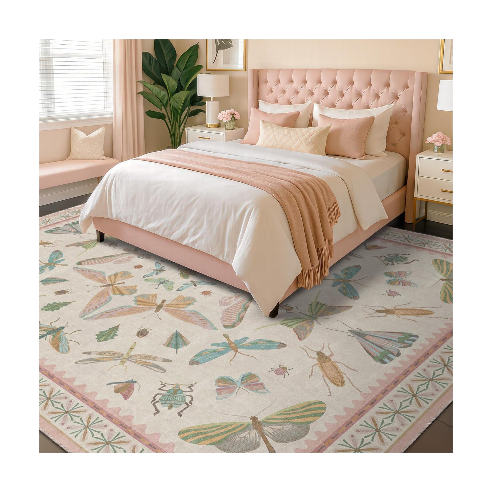 Hazo Haus 9x12 Pink Area Rug for Girls Bedroom, Washable Living Room & Dining Room Rug with Pastel Flower Insect Print