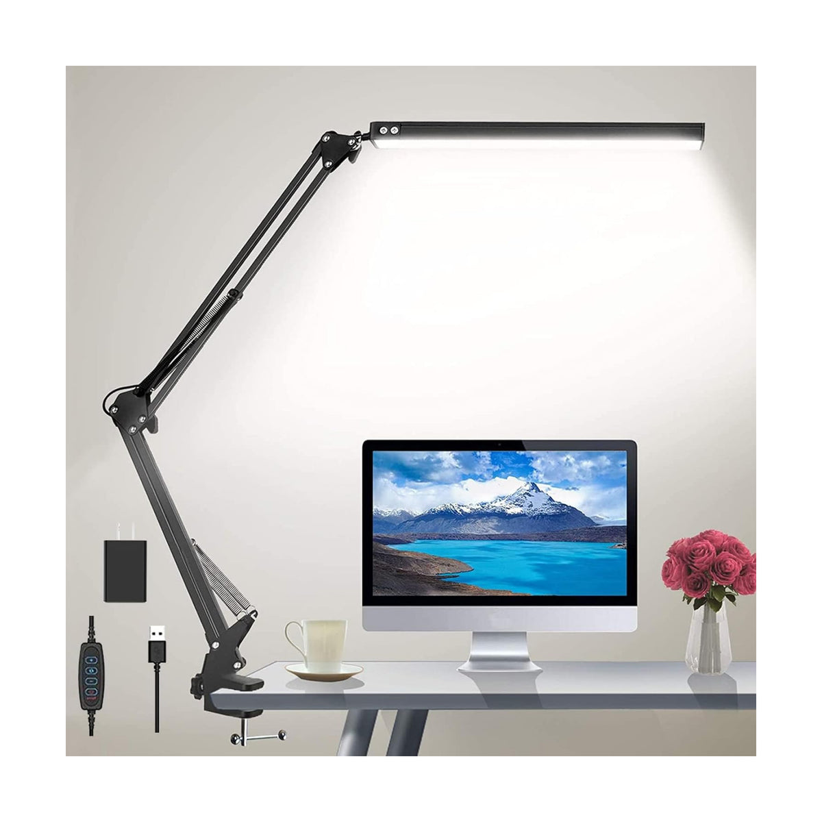 LED Desk Lamp for Home,Office,Reading,Adjustable Eye-Caring Desk Light with Clamp,Swing Arm Lamp Includes 3 Color