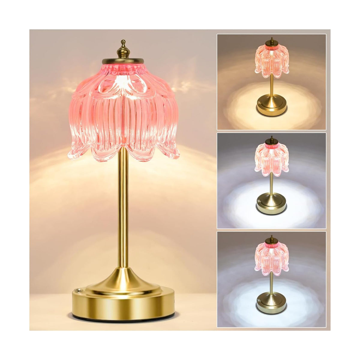 Pink Glass Flower Lamp, Rechargeable Cordless Table Lamp | Amber rechargeable lamp with 5200mAh battery, 3 color modes