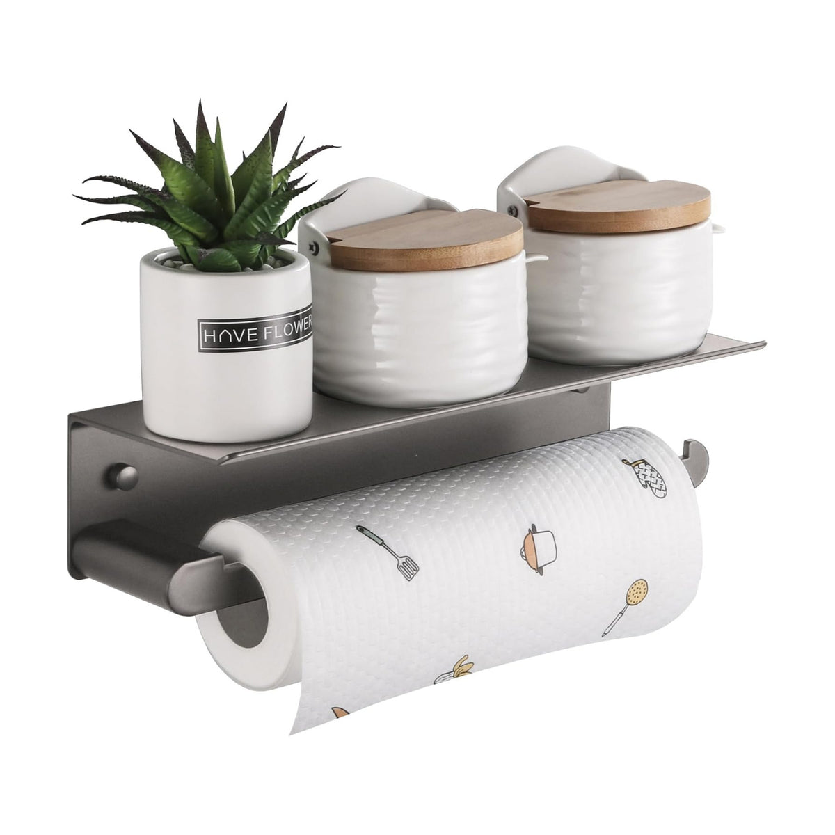 Wall Mount Paper Towel Holder with Shelf, Adhesive Towel Rack Matte Grey | Paper Towel Holder Wall Mount for Bathroom