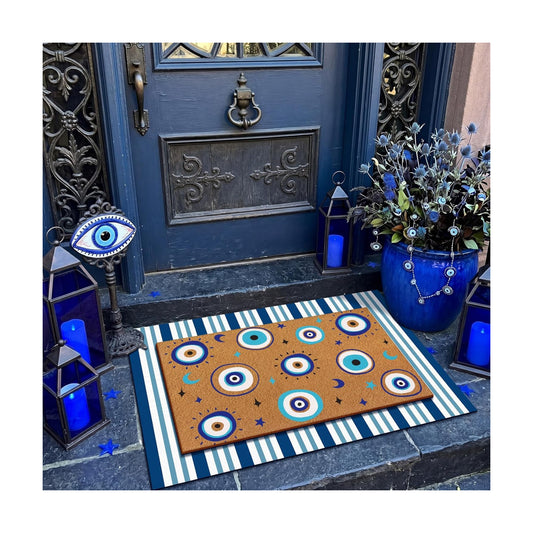 Tinideya 2 Pcs Blue Evil Eye Layered Doormat Set