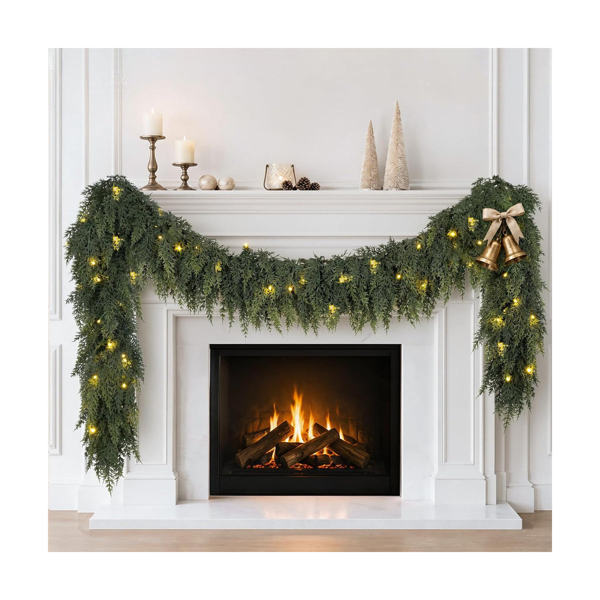 9FT Cedar Christmas Garland with Lights Realistic Prelit Pine Garland Decor