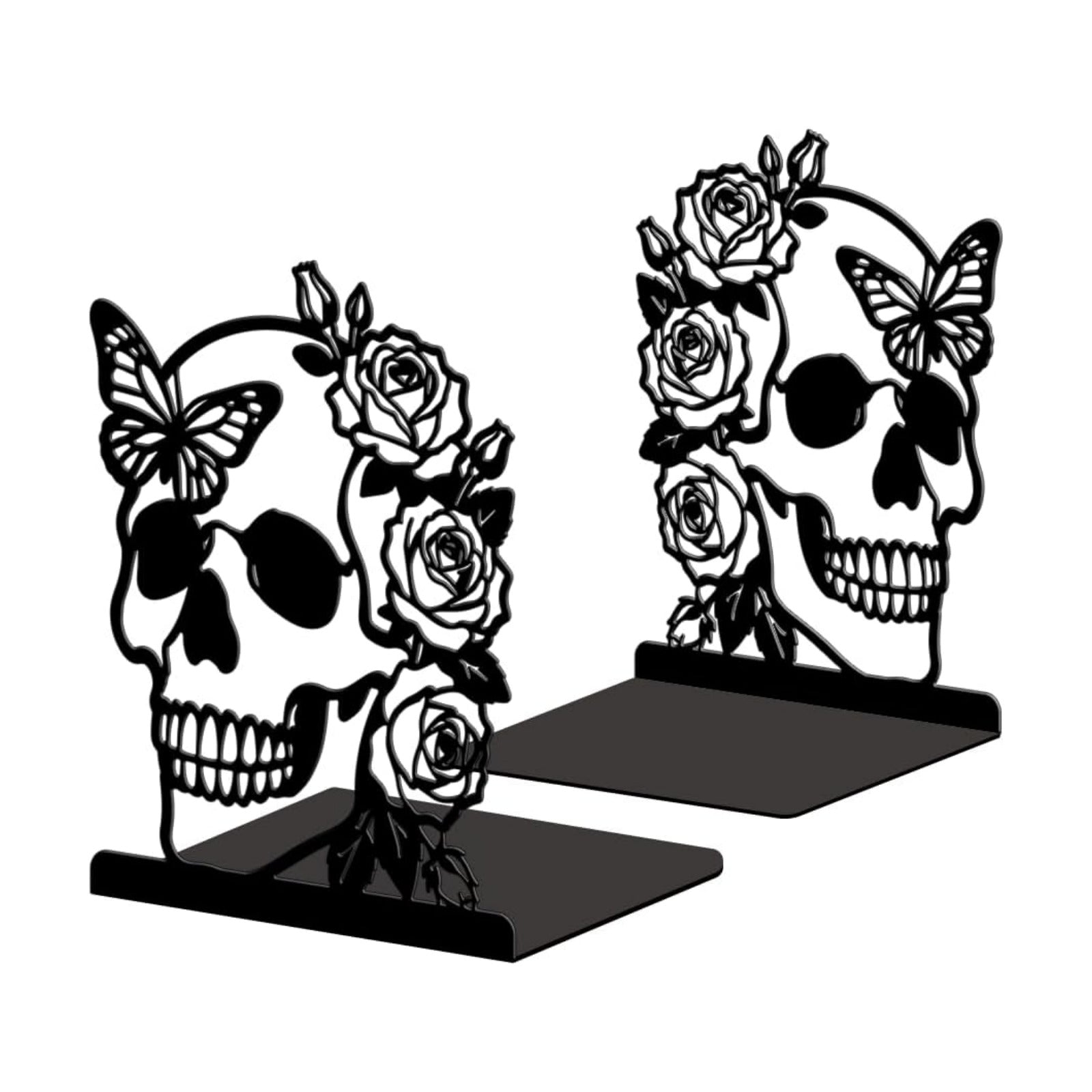 Metal Bookends / Modern Decorative Heavy Duty Study Book Ends Stoppers / Skeleton Rose and Butterfly