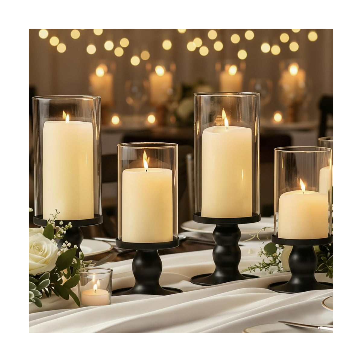 NITIME 4Pcs Hurricane Candle Holder for Pillar Candles, Black Candle Holders with Clear Glass Sleeve for Table