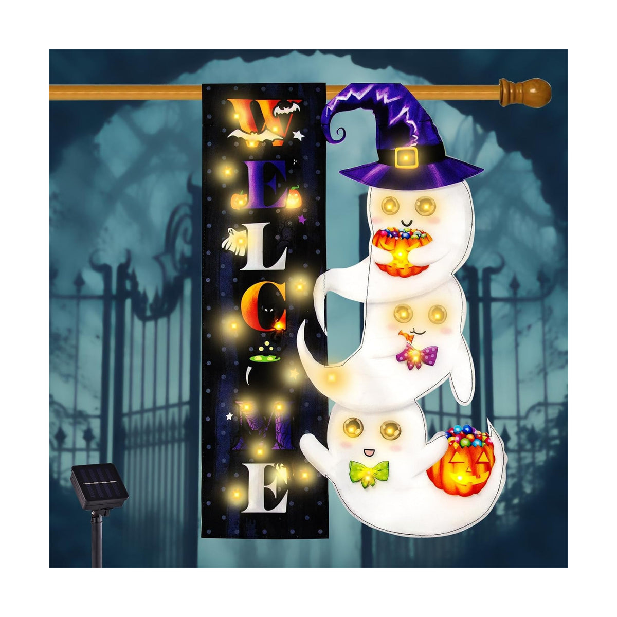 Halloween Lighted Garden Flag, Ghost Yard Decor, 28x40 In