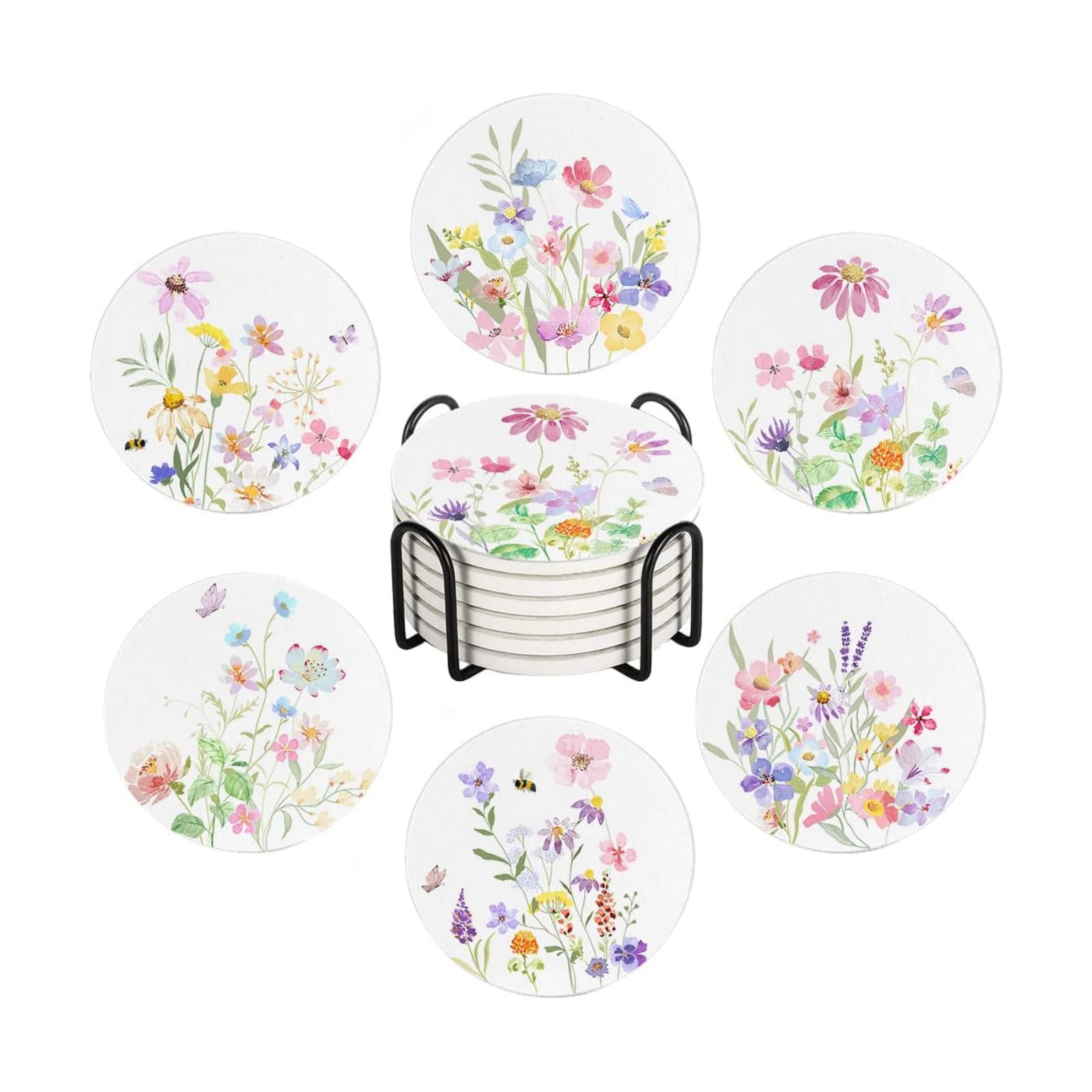 Holder / Drink Absorbent Coasters / Botanical Floral / Round / Set of 6