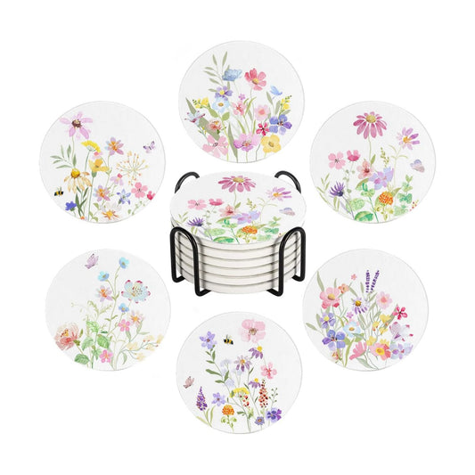 Holder / Drink Absorbent Coasters / Botanical Floral / Round / Set of 6