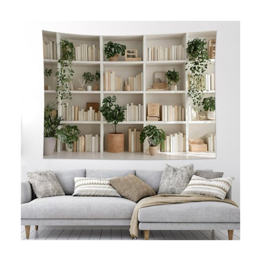 HVEST Botanical Bookshelf Tapestry Green Plant Potted and Books Wall Tapestry for Living Room Aesthetic Reading Tapestries Wall Art Decor for Bedroom Office Library Classroom, 51L x 59W Inches