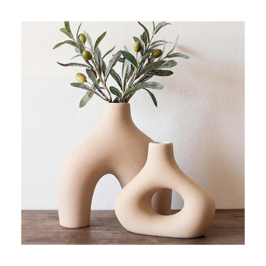Mid Century Modern Decor Ceramic Donut Vases / Brown / Set of 2