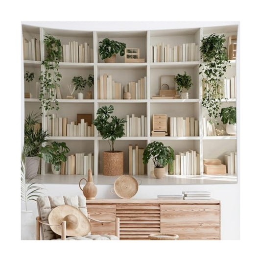HVEST Botanical Bookshelf Tapestry Green Plant Potted and Books Wall Tapestry for Living Room Aesthetic Library Tapestries Wall Art Decor for Bedroom Home Office Classroom, 40L x 60W Inches