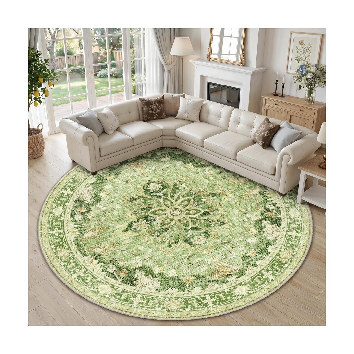RELEANY Washable Area Rug, Round 10ft, Green/Yellow