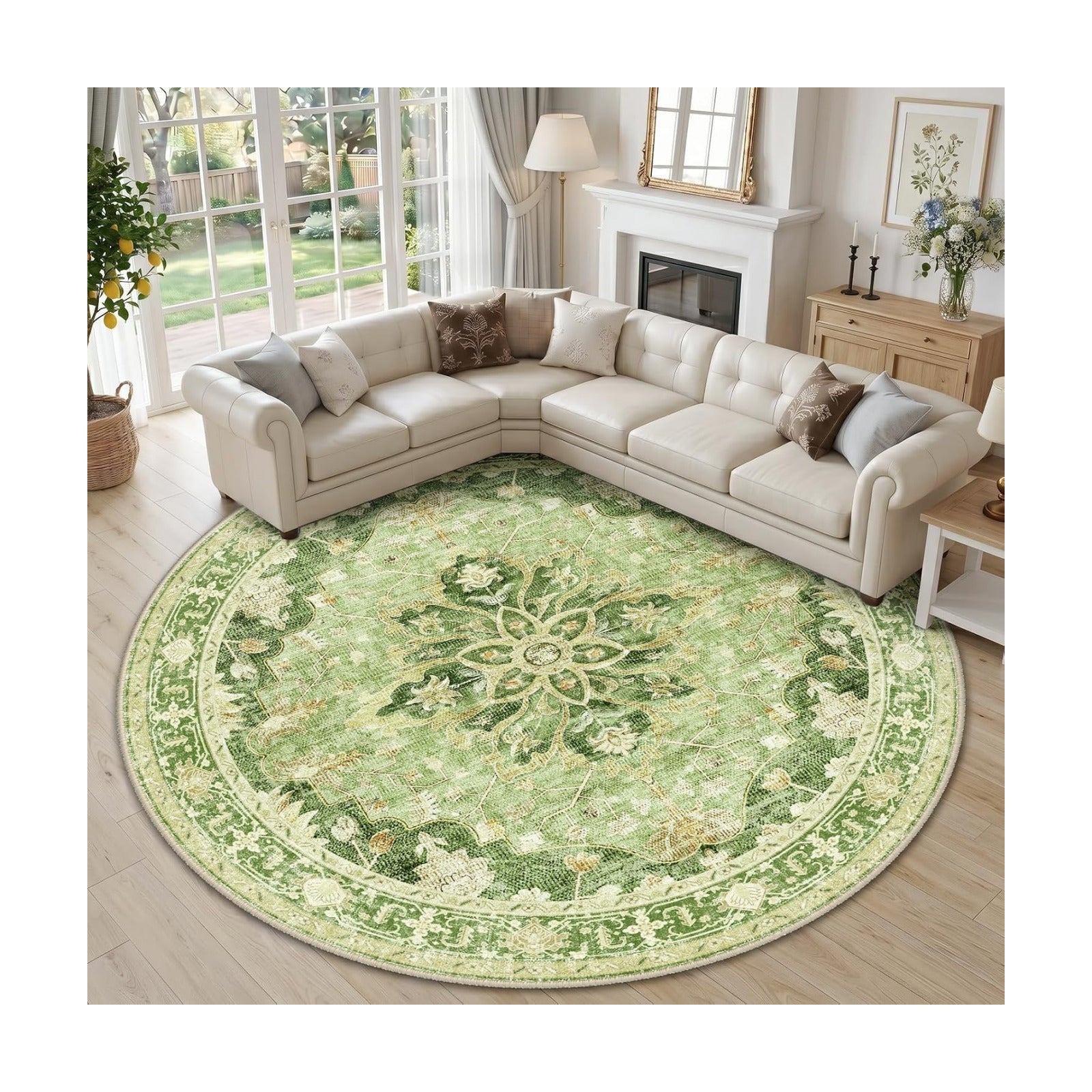 RELEANY Washable Area Rug, Round 10ft, Green/Yellow