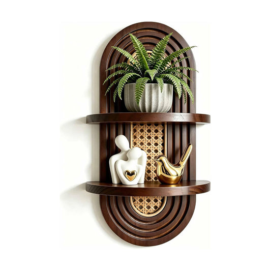 2-Tier Woven Rattan Floating Shelves / Walnut
