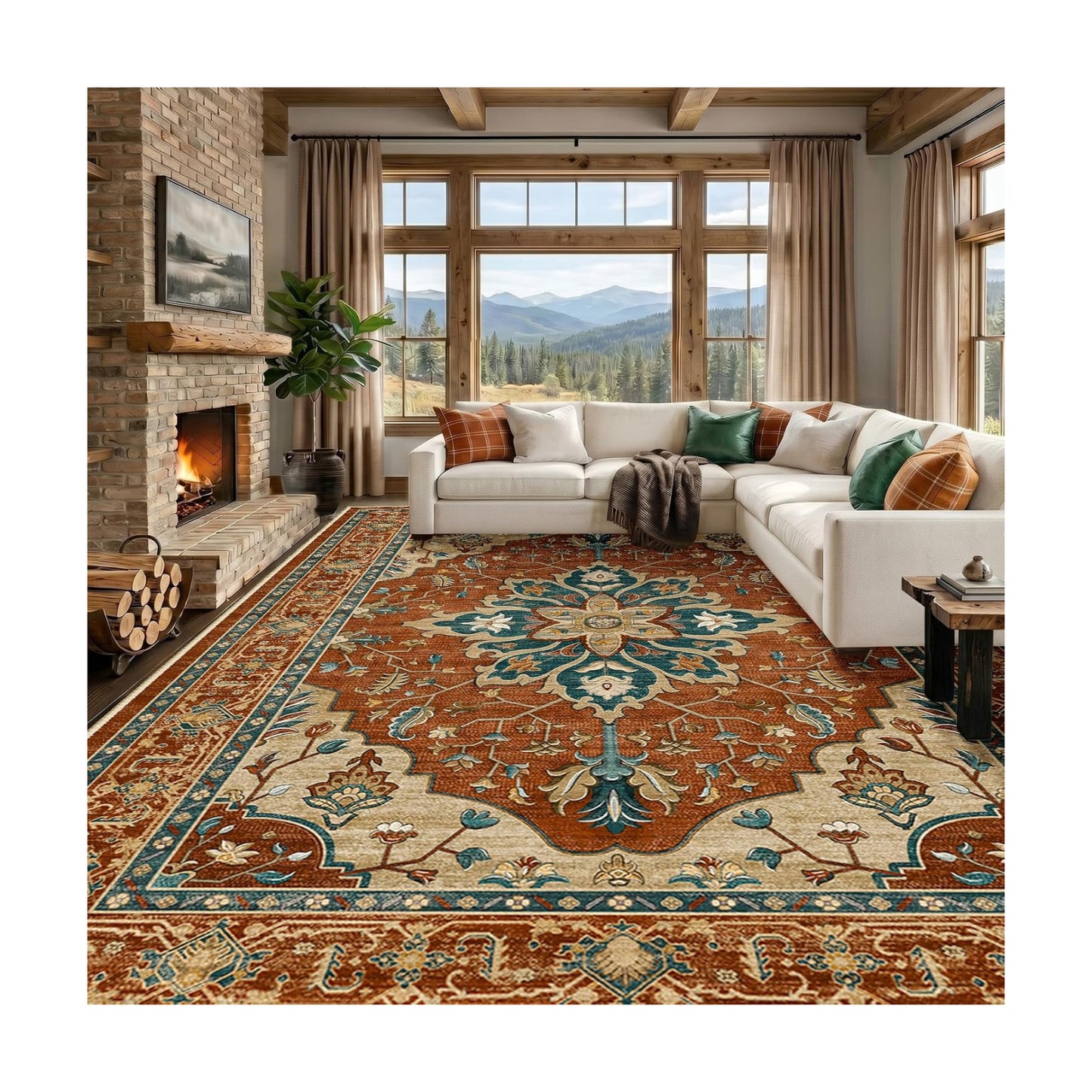 RELEANY Washable Area Rug, Large 10'x12', Red/Orange/Blue/Brown