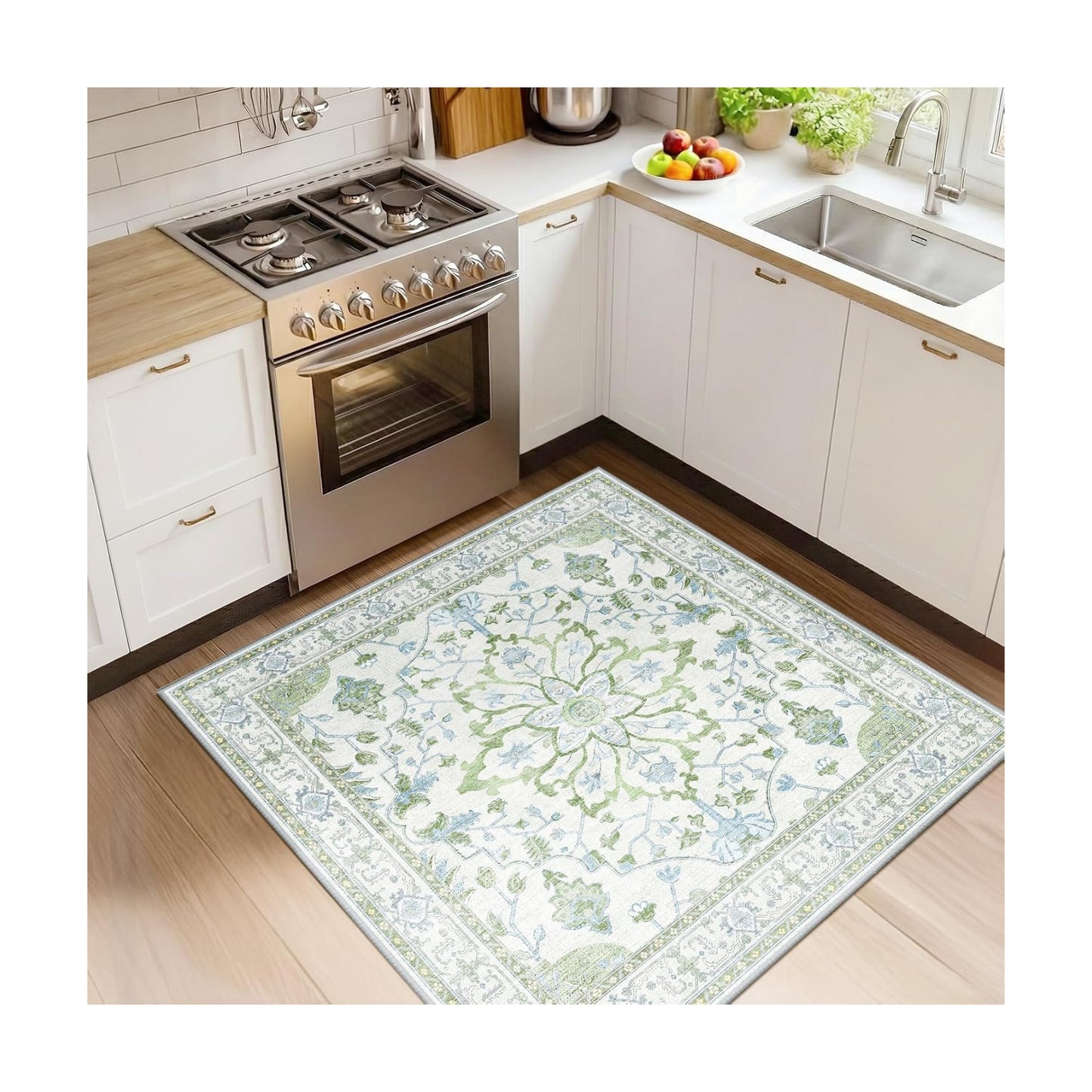 RELEANY Washable Area Rug, Square 4'x4', Green/White/Blue