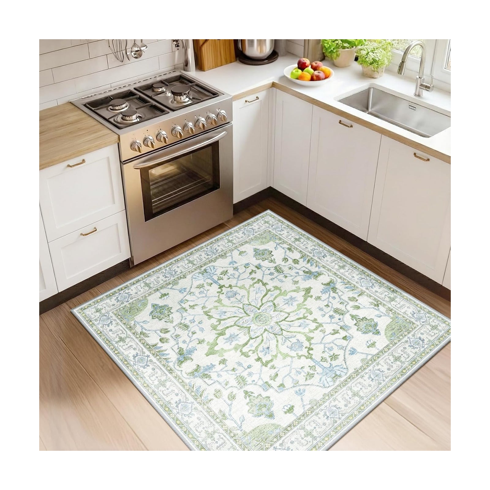 RELEANY Washable Area Rug, Square 4'x4', Green/White/Blue