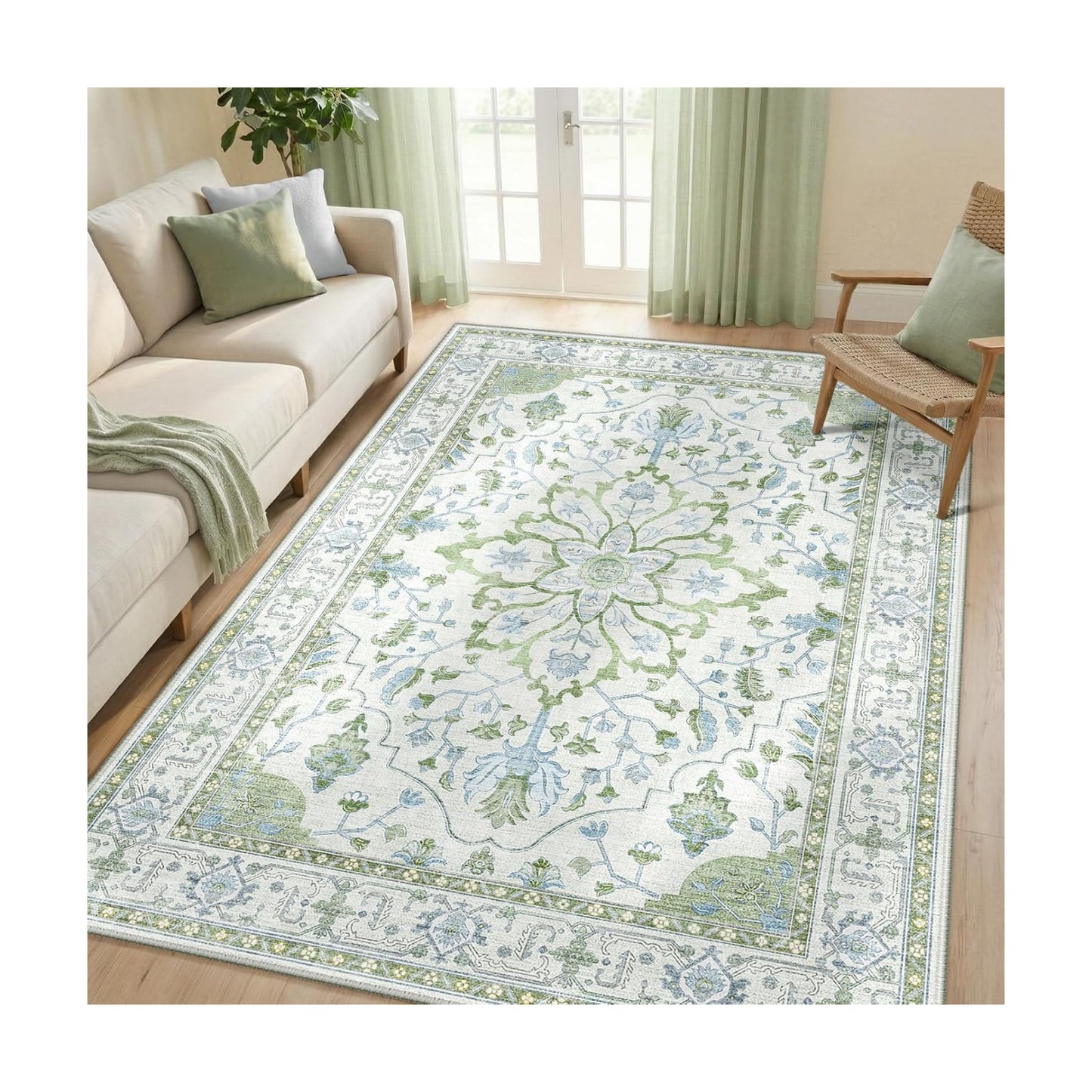 RELEANY Washable Area Rug, 5'x8', Green/White/Blue