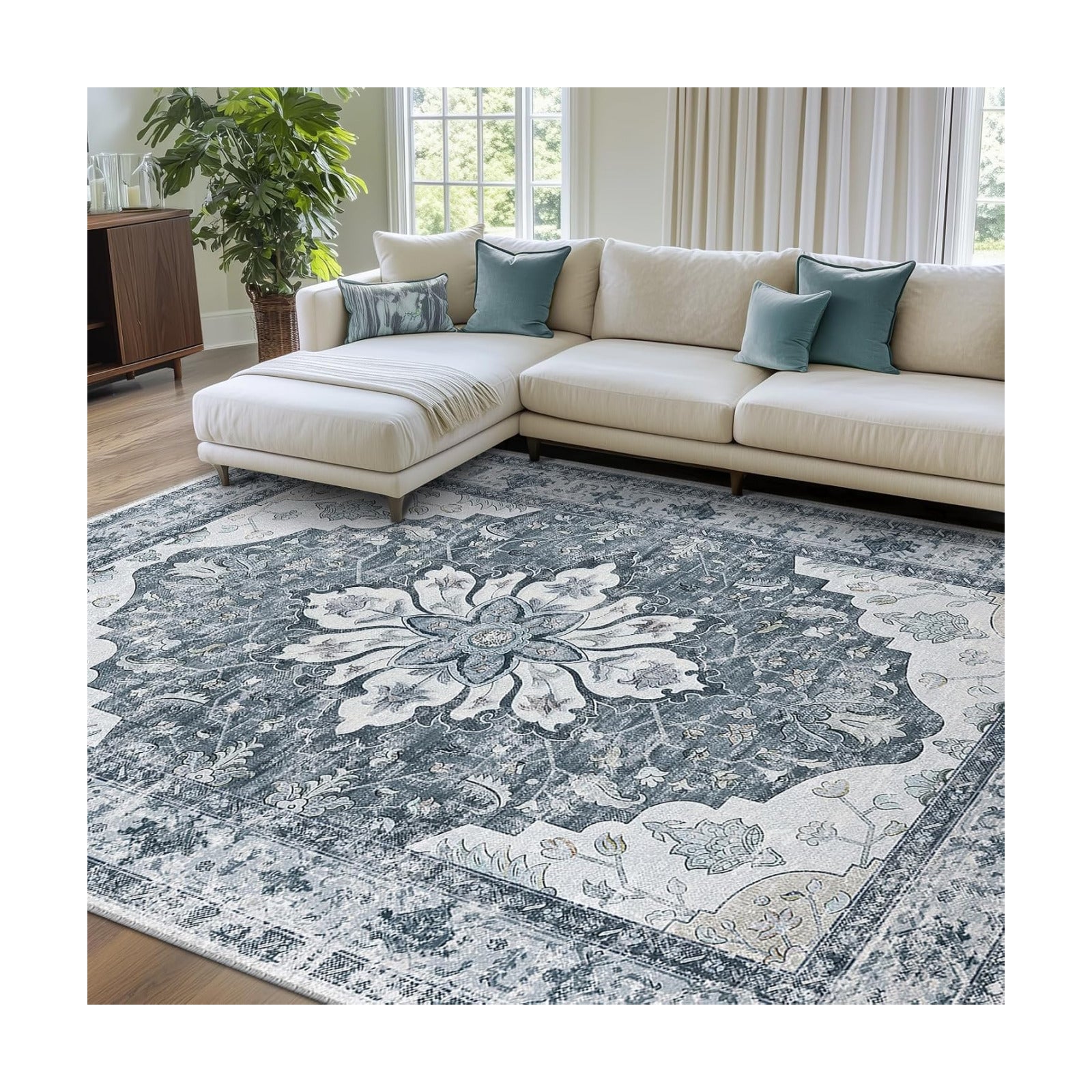 RELEANY Washable Area Rug, 7'x10', Grey/White/Beige
