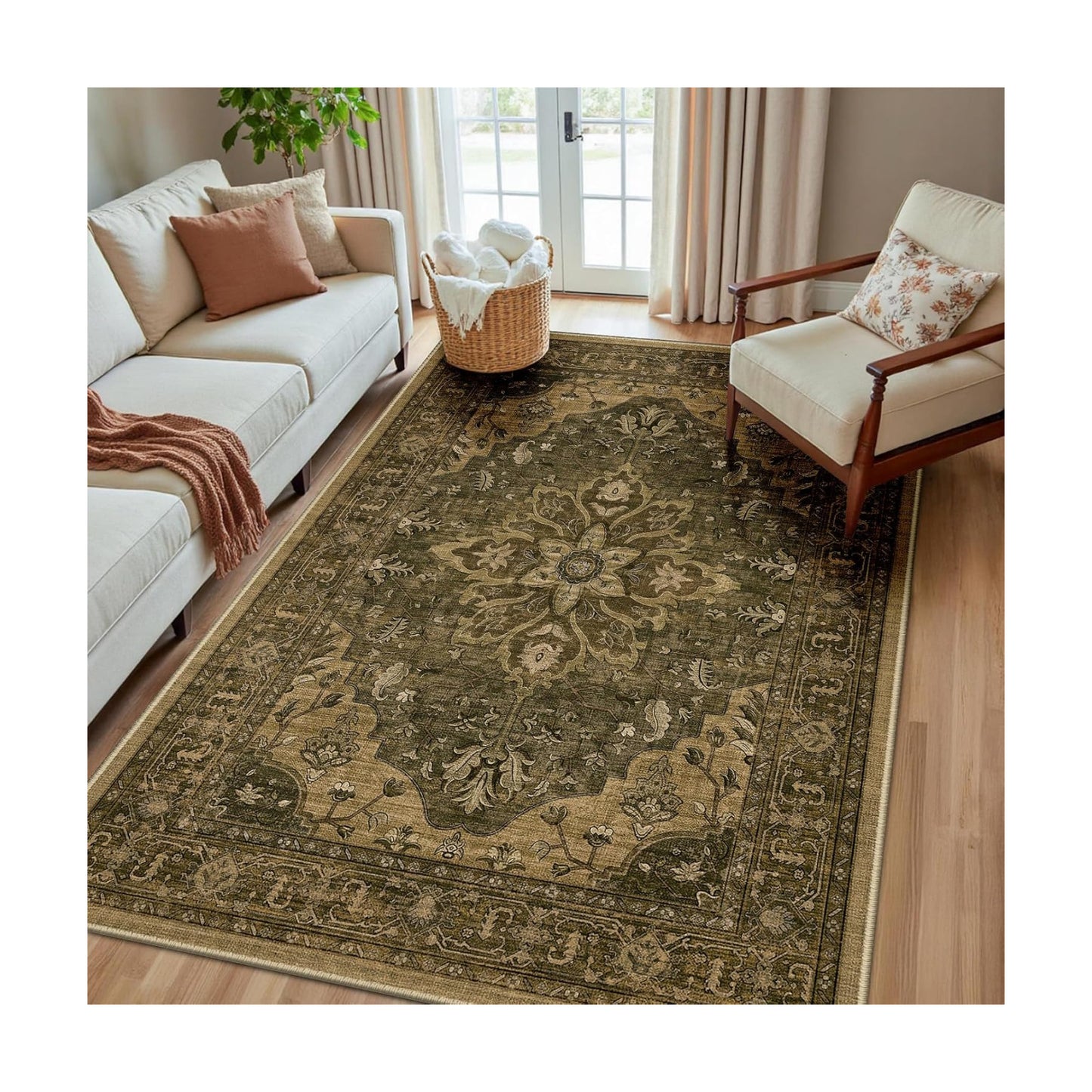 RELEANY Washable Area Rug, 5'x8', Brown/Dark Brown