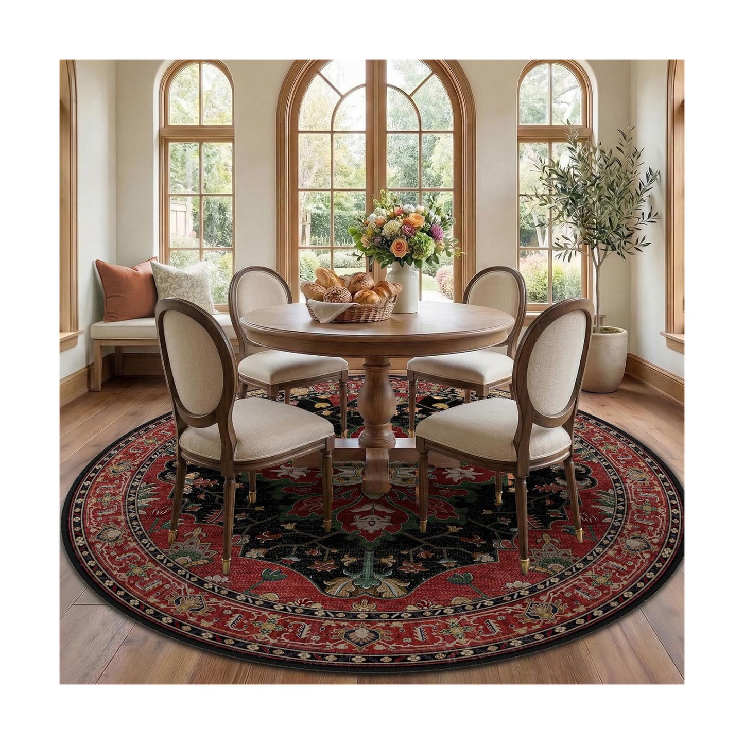 RELEANY Washable Area Rug, Round 7ft, Red/Black