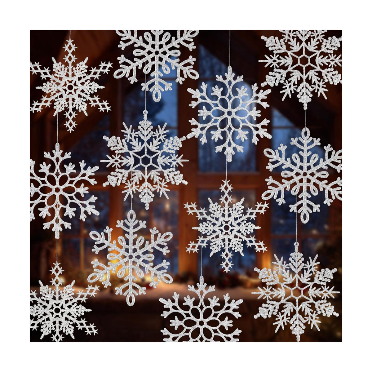 12pcs Large Silver Snowflakes Ornaments 12” Big Plastic Glitter Snowflake for Winter Indoor Outdoor Christmas Tree Window Room Decorations Giant Craft Snowflakes