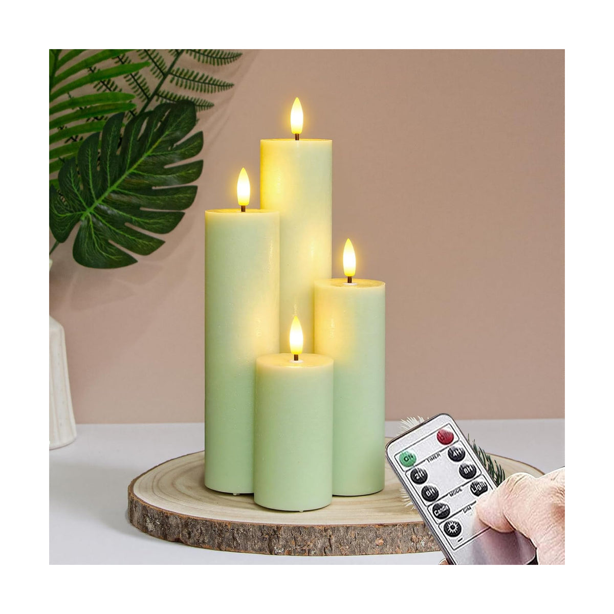 Flickering Flameless Pillar Candles with Remote Control and Cycle Timer,Sage Green Pack of 4 Battery Operated(Powered
