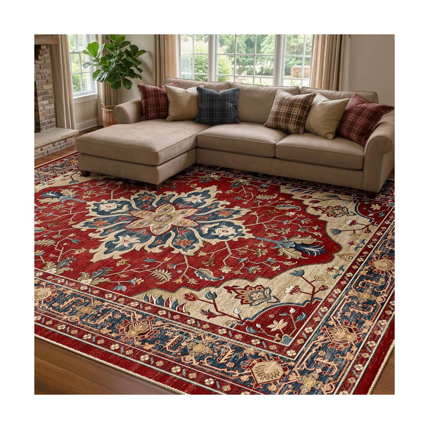 RELEANY Washable Area Rug, 7'x10', Red/Blue