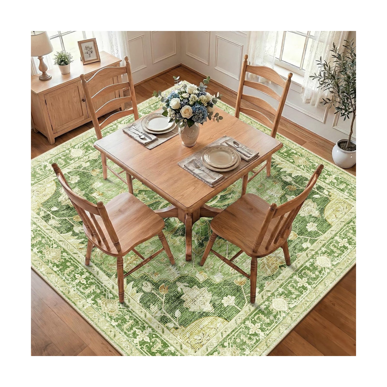 RELEANY Washable Area Rug, Square 7'x7', Green/Yellow