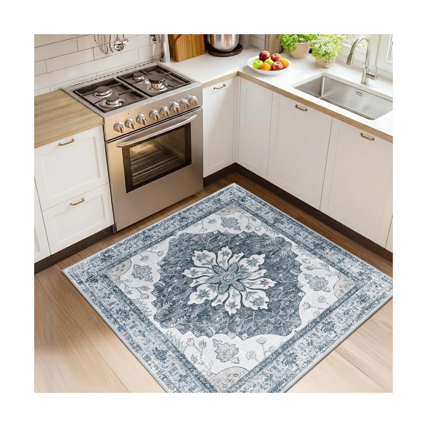 RELEANY Washable Area Rug, Square 4'x4', Grey/White/Beige