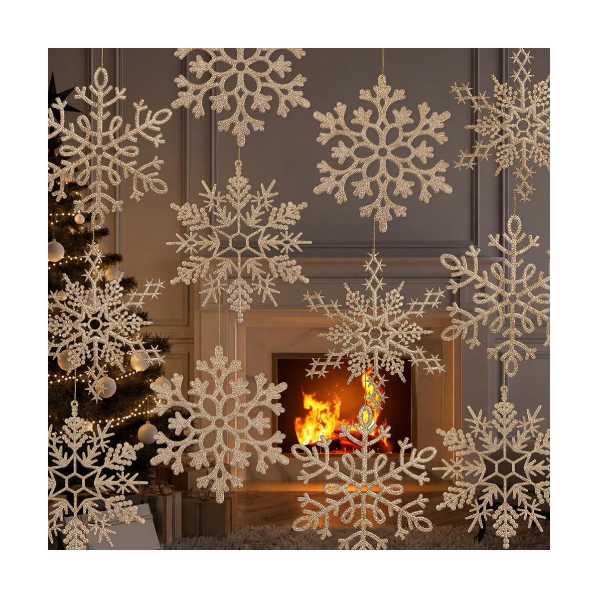 12pcs Large Champagne Gold Snowflakes Ornaments 12” Big Plastic Glitter Snowflake for Winter Indoor Outdoor Christmas Tree Window Room Decorations Giant Craft Snowflakes