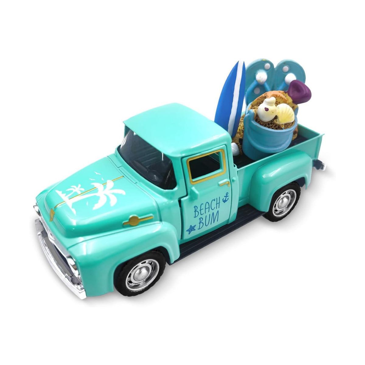 Beach Decor Metal Truck with Mini Fake Beach Buckets Surfboards Flip Flops