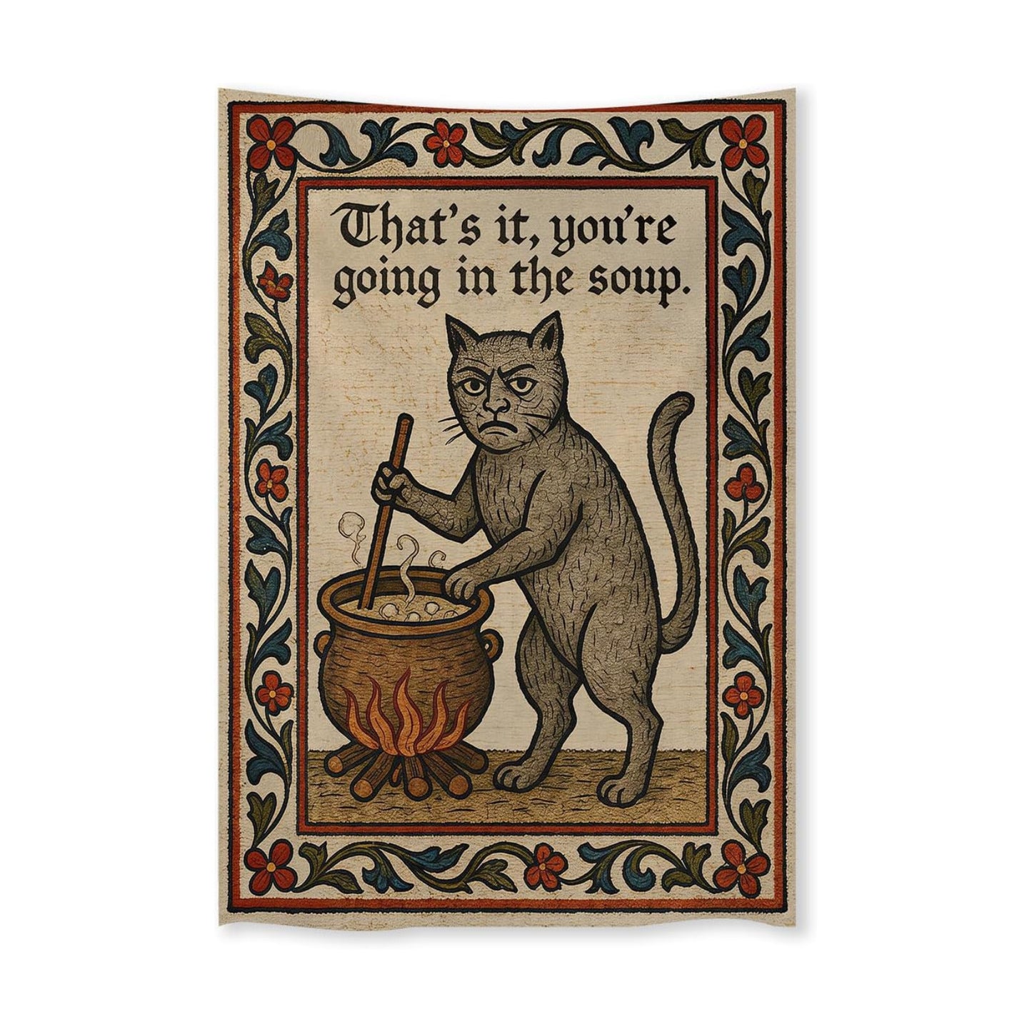 Weird Medieval Cat Woven Tapestry Vintage Medieval Cat Aesthetic / Tapestries / White / 60"L x 40"W