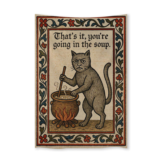 Weird Medieval Cat Woven Tapestry Vintage Medieval Cat Aesthetic / Tapestries / White / 60"L x 40"W