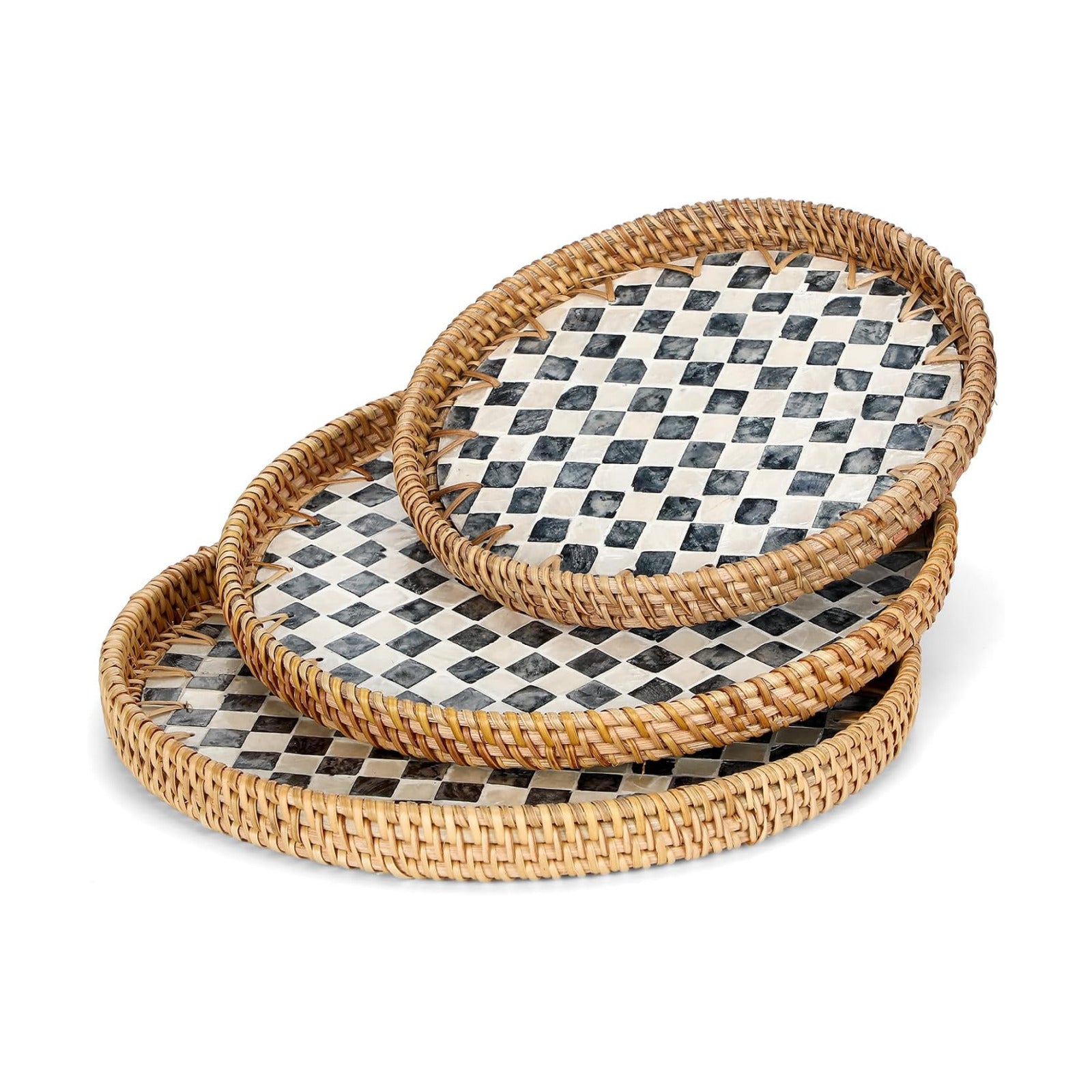 Round Rattan Tray / Black Checkerboard / 3 Size / Set of 3