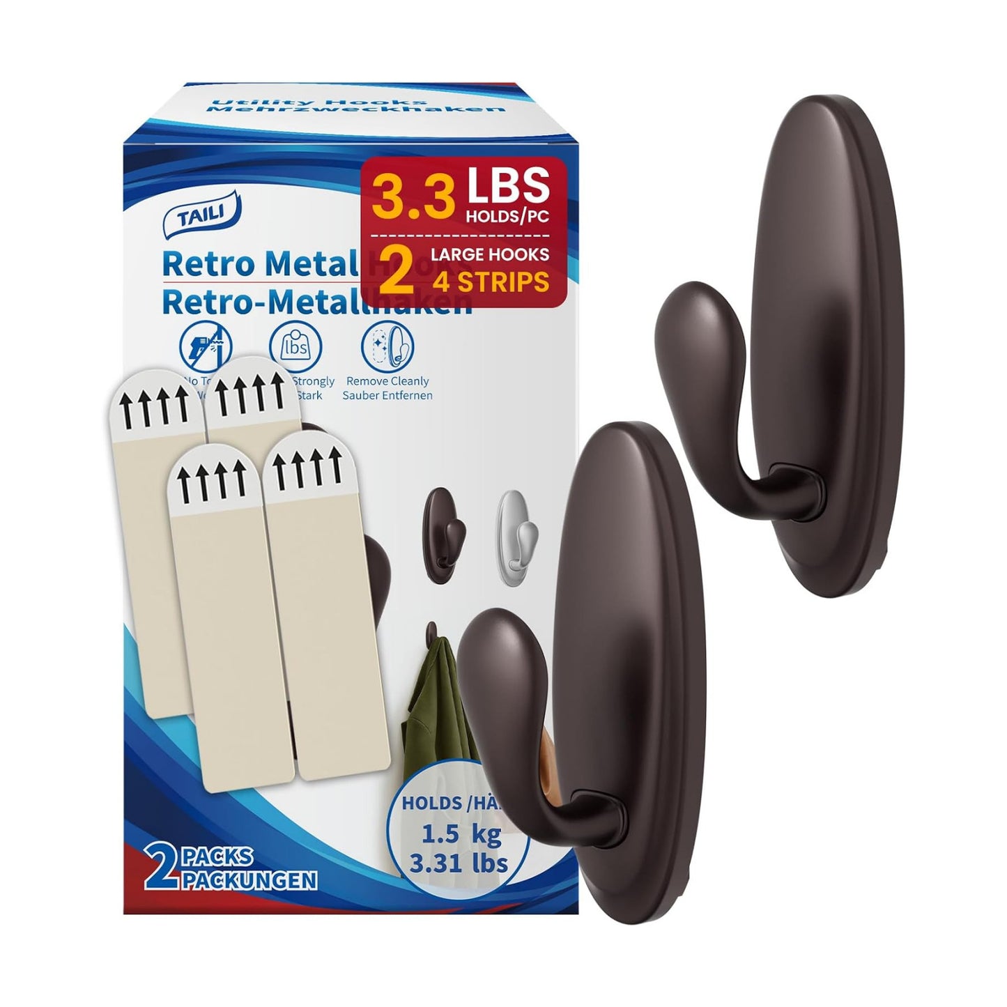 Metal Adhesive Hooks / 2 Large Retro Hooks-brown / Set of 2