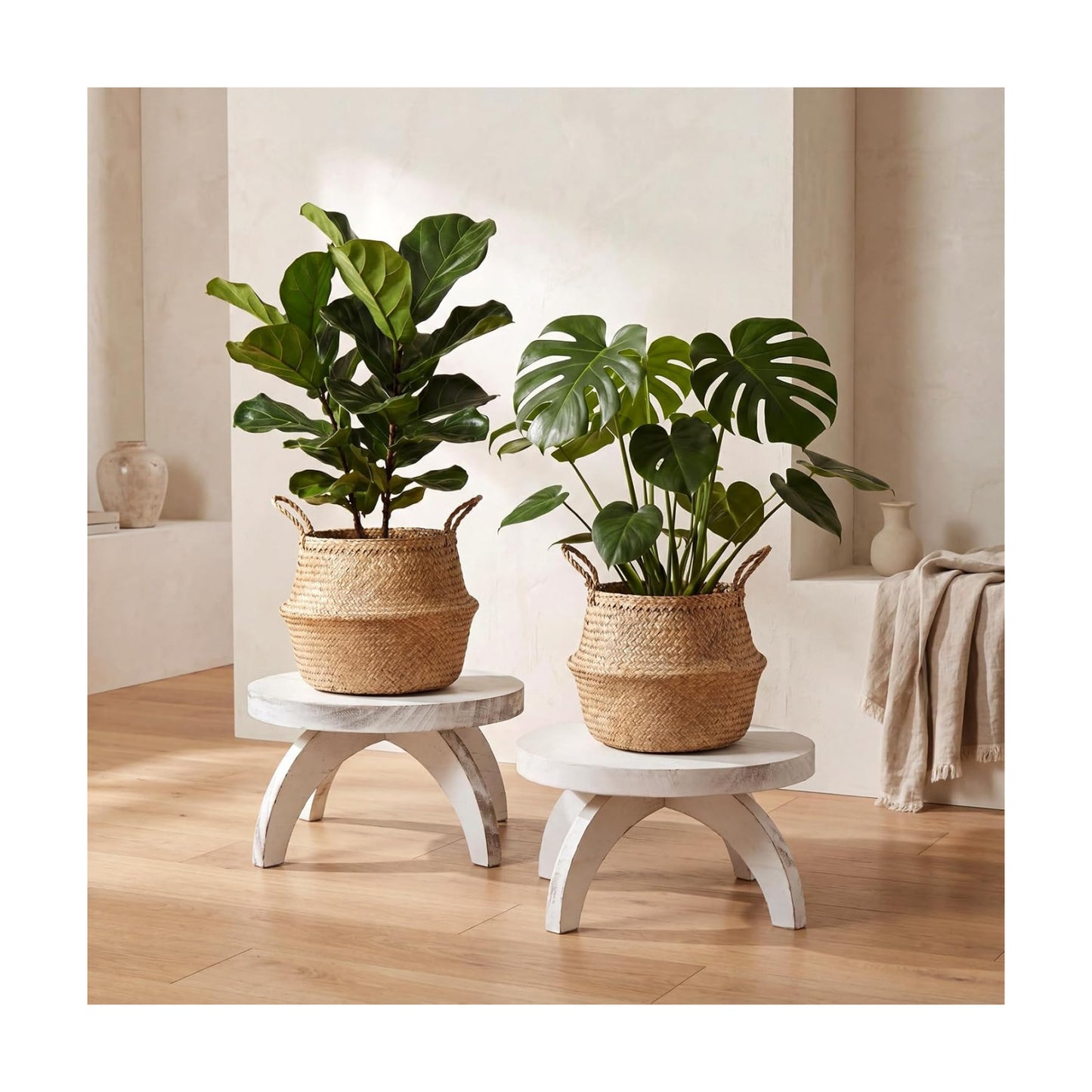 Short Plant Stand Small Wood Plant Stool Low Wood Riser Pedestal Display / Round / White / Set of 2