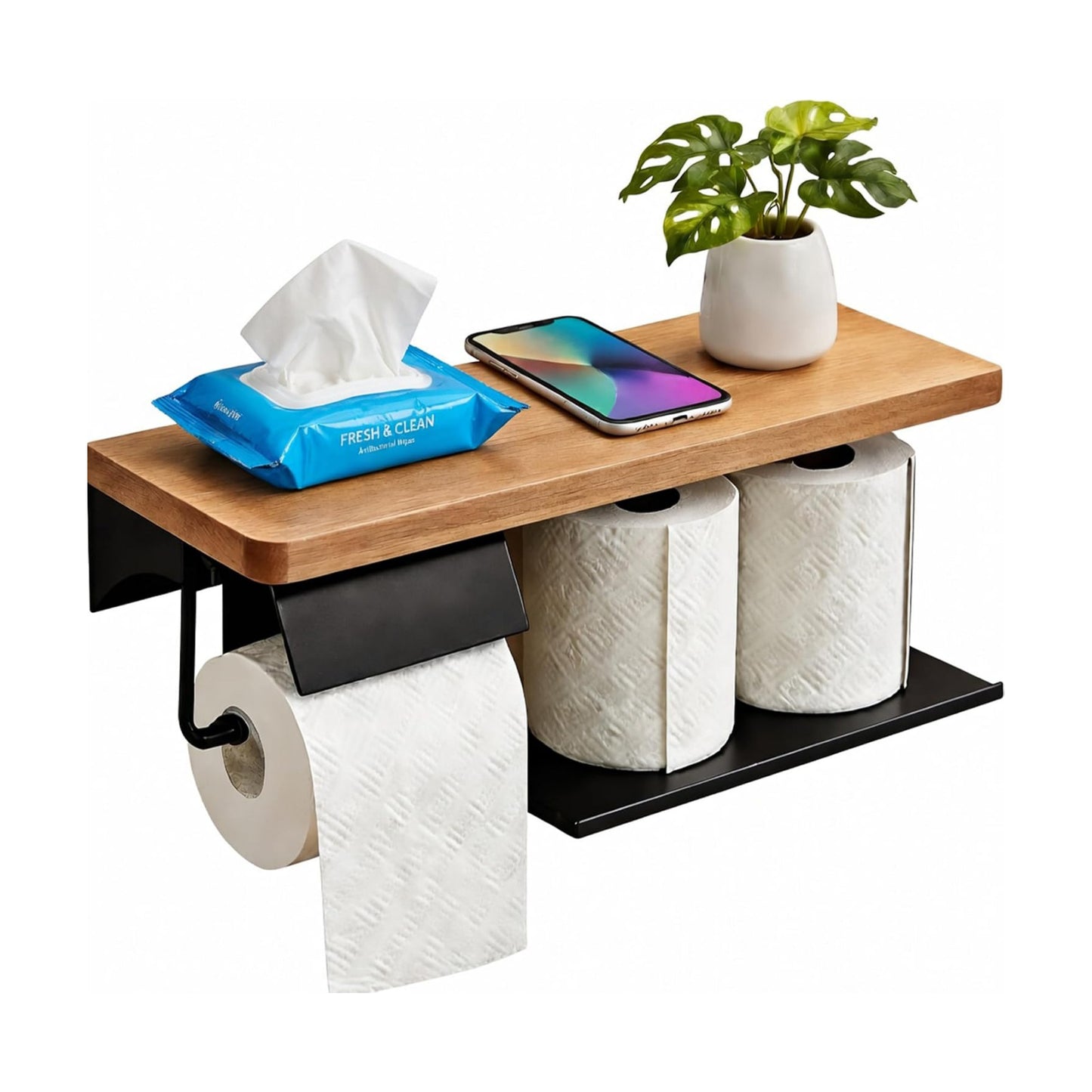 Double Toilet Paper Holder with Solid Wood Shelf, Wall Mounted Matte Black | 16" x 5.31" Toilet Paper Rolls with