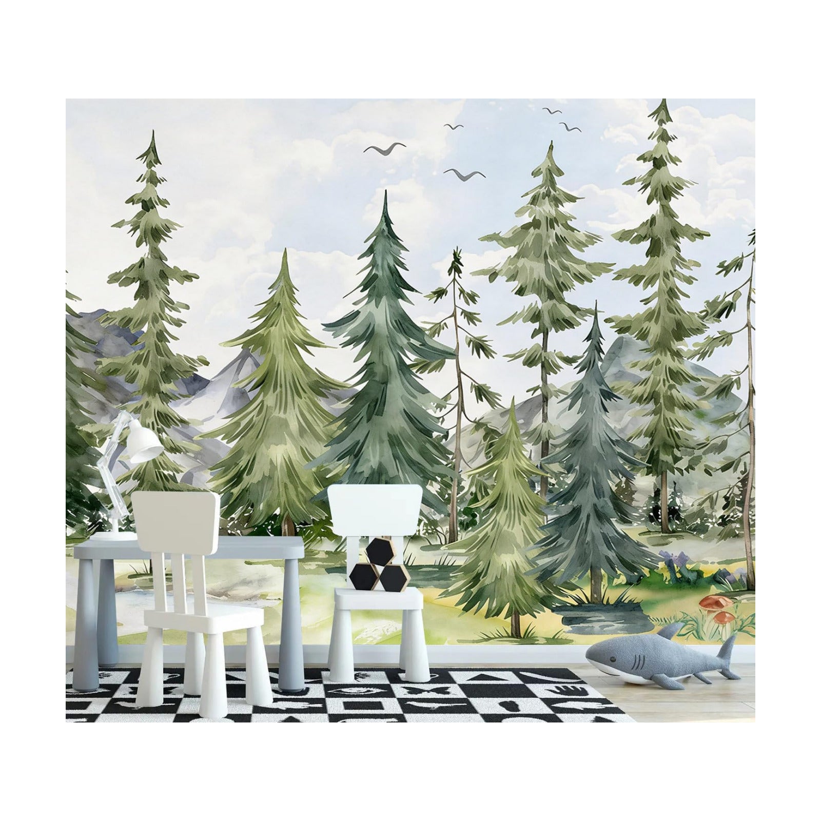 Watercolor Cartoon Forest Pine Tree self-Adhesive Wallpaper murals for Nursery / Zz12 / 79 x 55