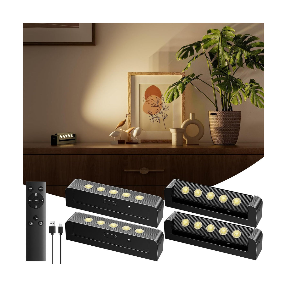 Kimjo 5500mAh Rechargeable Spotlight Indoor, 4 Pack | Remote Control, Daily Auto Timer, 3 Colors & Dimmable, LED Energy