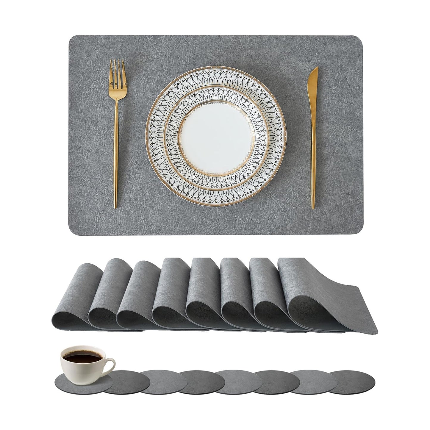 Reversible Faux Leather Placemats and Coasters / Mist Gray / 12 x 17 / Set of 16