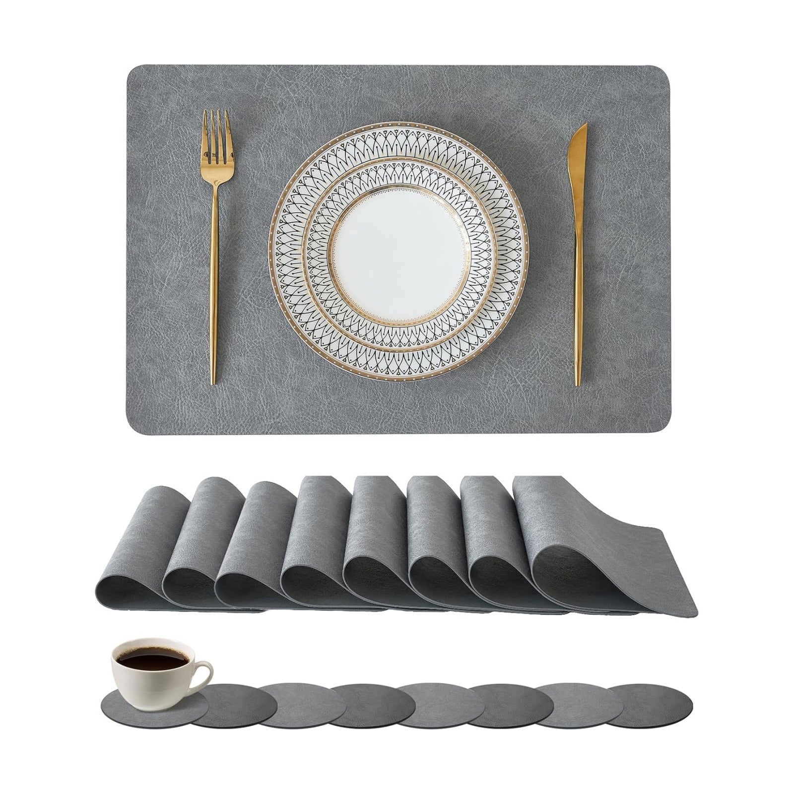 Reversible Faux Leather Placemats and Coasters / Mist Gray / 12 x 17 / Set of 16