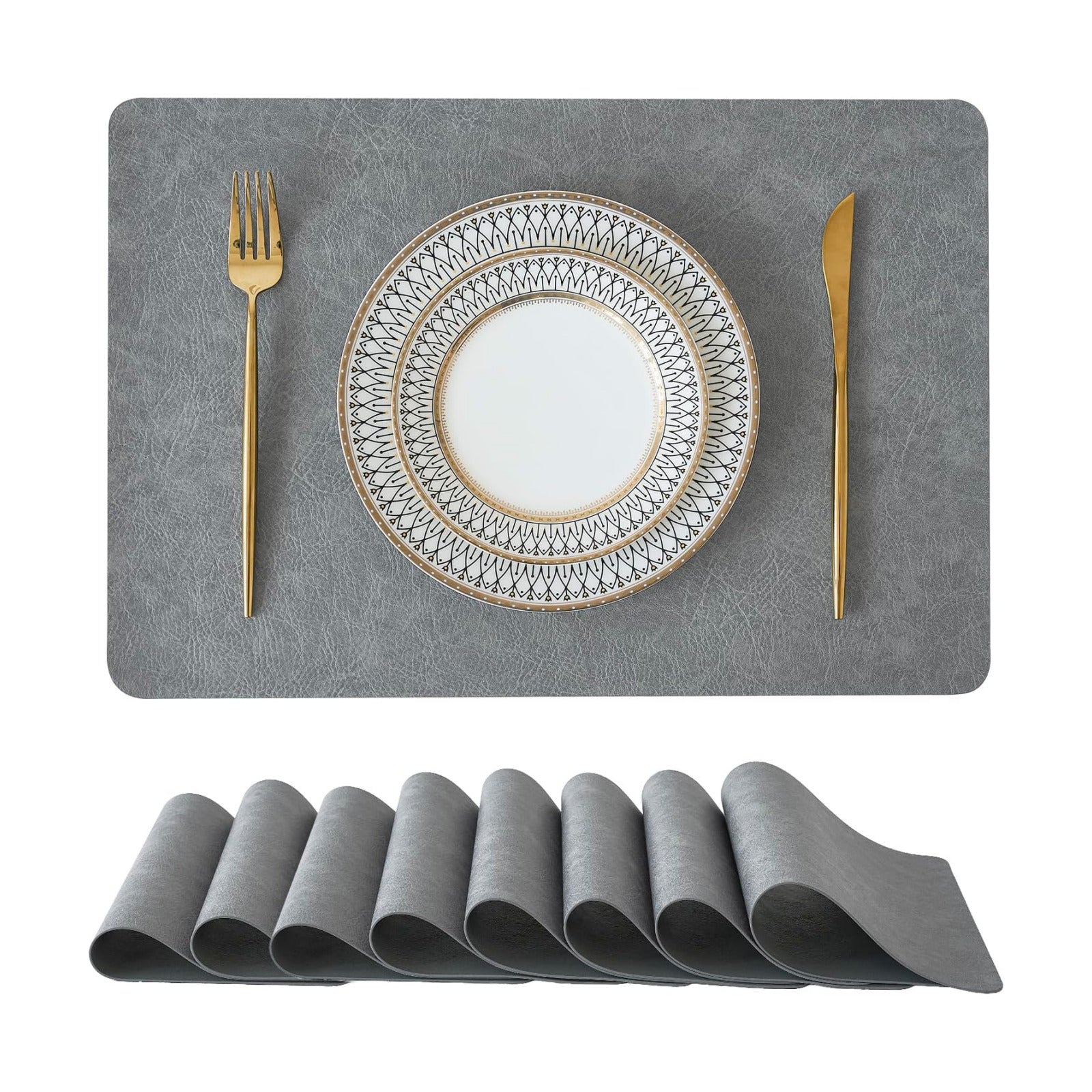 Reversible Faux Leather Placemats / Mist Gray / 12 x 17 / Set of 8