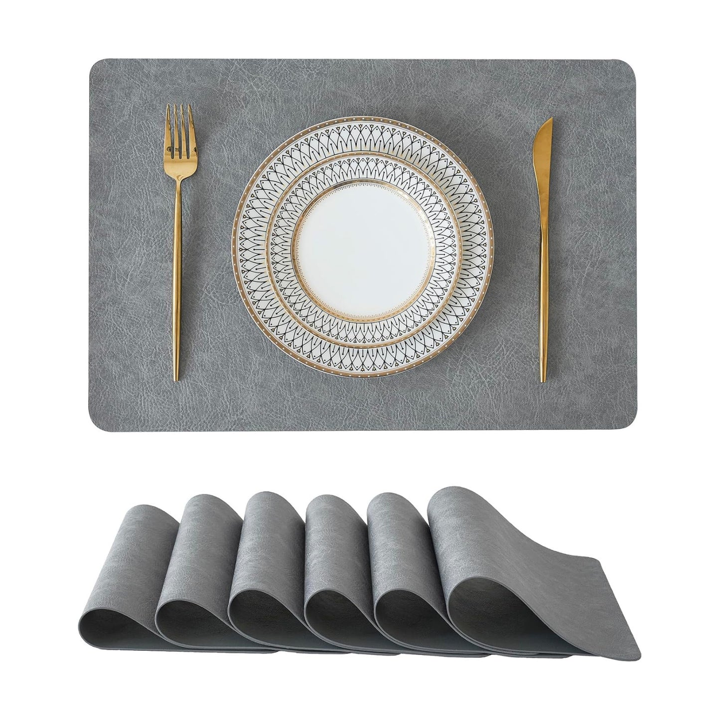 Reversible Faux Leather Placemats / Mist Gray / 12 x 17 / Set of 6
